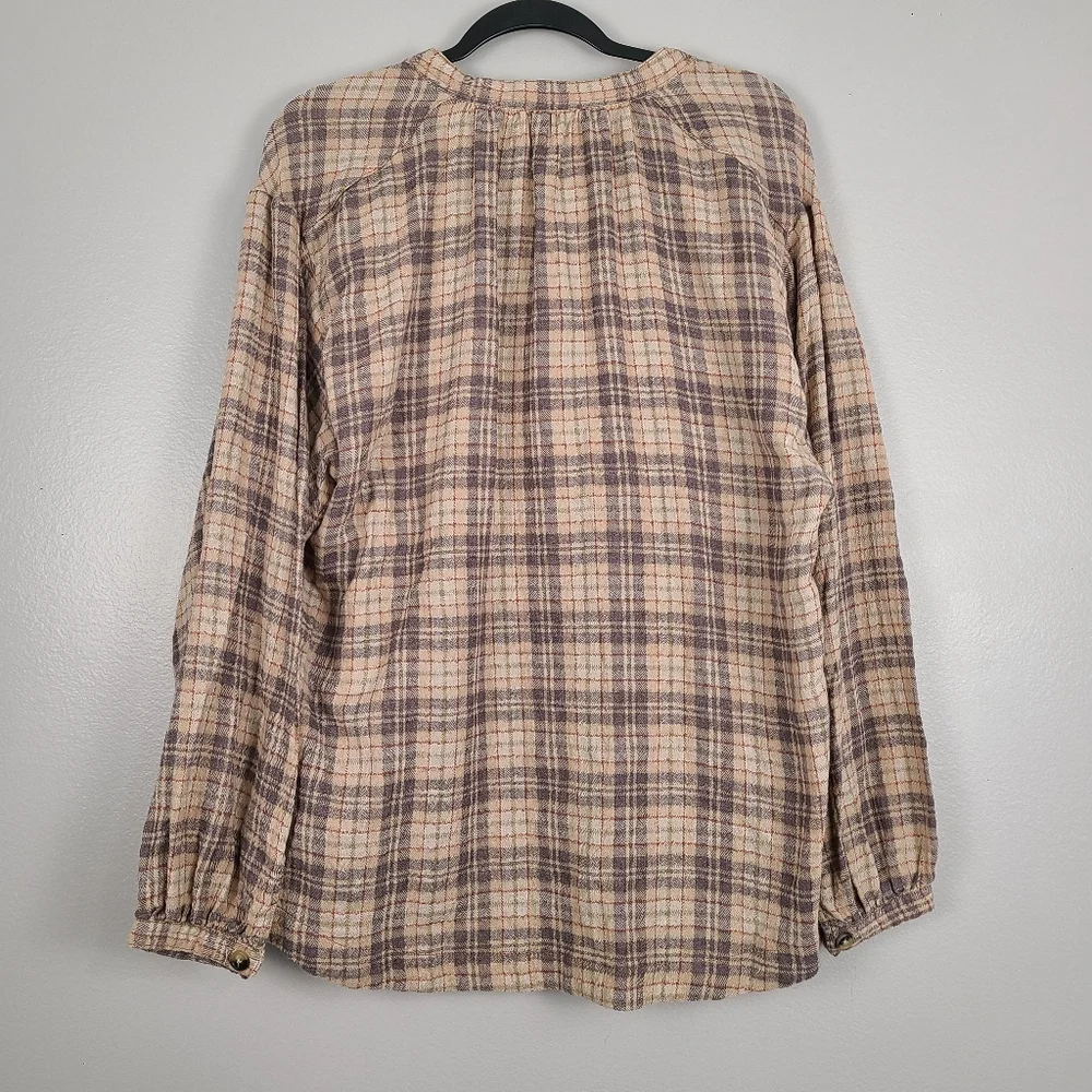Free People Northern Bound Oversized Flannel Balloon Sleeve Top in Beige Combo